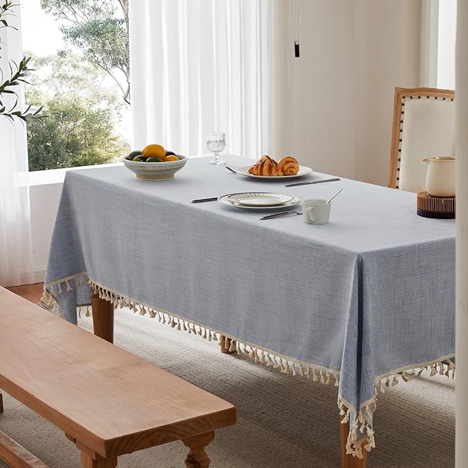 Linen Tablecloth with Tassels, Farmhouse Style Blue Tablecloth, Water Resistant Burlap Tablecloths for Square Table, 60x60 Inch Blue