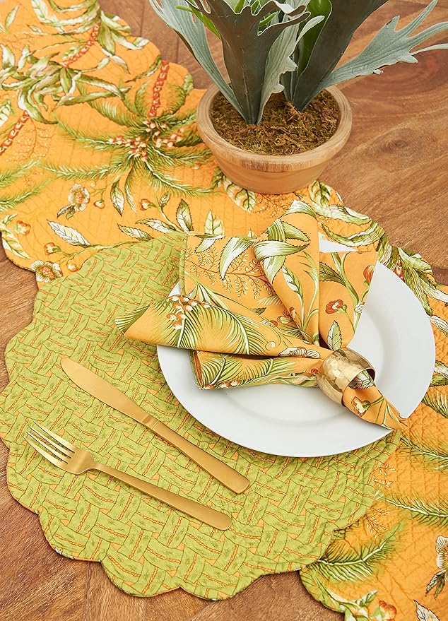 C&F Home Barbados Sunset Flowers Vintage Quilted 100% Cotton Set of 6 Placemats 13" x 19" Coastal Beach House Nautical Home Kitchen Dinner Dining Table Tabletop Reversible Machine Washable Scalloped
