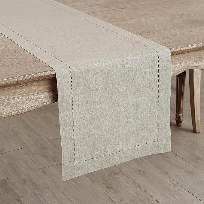 Solino Home Linen Natural Table Runner 36 Inches - Classic Hemstitch, 100% Pure Linen Coffee Table Runner 14 x 36 Inch Ideal for Dresser Tables - Spring, Easter