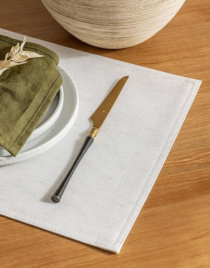 Natural Linen Blend Dinner Table Placemats Set of 4 Rectangle Cream Cloth Place Mats Heat Resistant Washable Durable Daily Use Table Protective 12x18 Inch