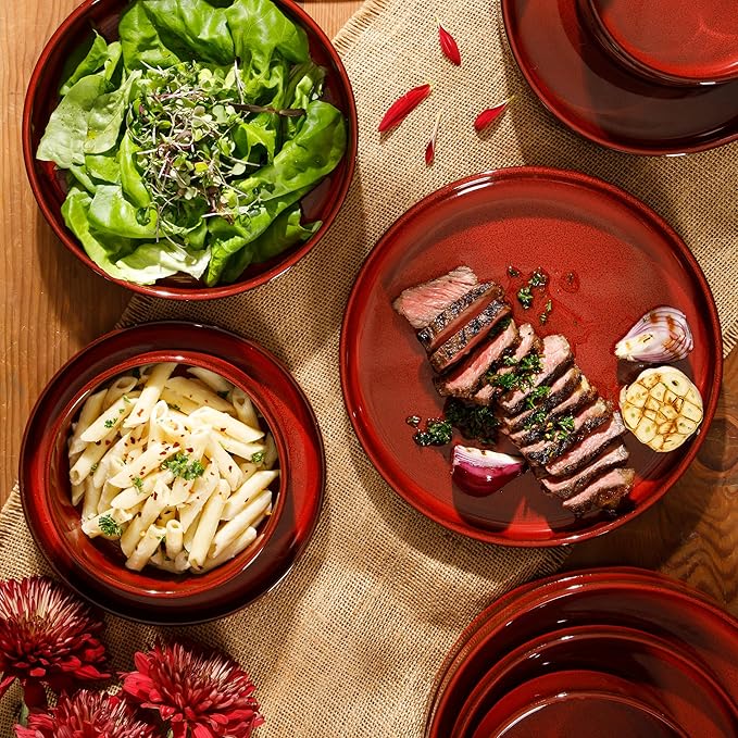 Bloomhouse - Two Time Oprah's Favorite Things Winner - Santorini Mist Double Bowl Terracotta Reactive Glaze Plates and Bowls Dinnerware Set - Garnet Red, Service for Four (16pcs)