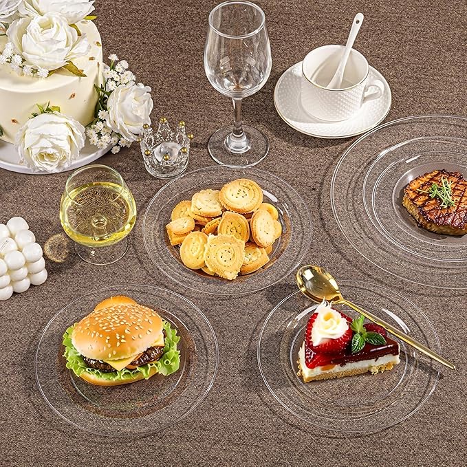 I00000 200PCS Clear Plastic Plates, Disposable Clear Plates for 100 Guests, Premium Dinner and Dessert Plate, Fancy Hard Plastic Party Plate for Birthday, Wedding & Party