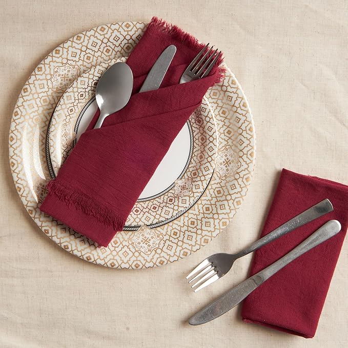 ACCENTHOME Burgundy Cotton Linen Napkin Set of 6 18x18 inch Dinner Napkins - Washable Soft Premium Hotel Quality Reusable Napkins Perfect Table Napkins for Family Dinners, Weddings & Everyday Use