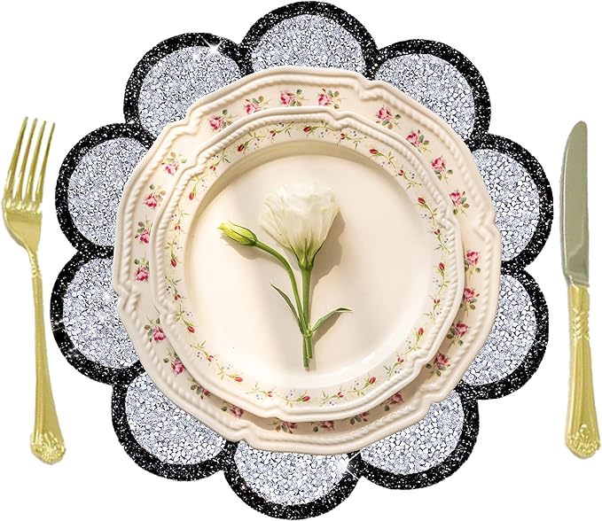 Washable Waterproof Diamond Circle Placemats for Round Tablescape Decor for Dinner and Kitchen Bling Placemats for Weddings & Special Events -12PCS (Silver and Black)