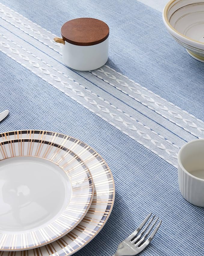 ZeeMart Contrast Linen Table Cloth Rectangle Table Cloths 60x104 Inch Mid-Stripe Blue, Farmhouse Style Heavy Weight Dusty Blue Tablecloth, Water Resistant Burlap Tablecloths