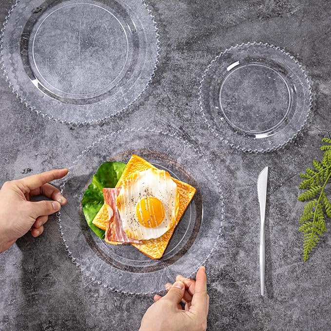 U-QE 60PCS Clear Plastic Plates - Fancy Beaded Plates Disposable Heavy Duty - Premium Hard Plastic Plate for Party, Wedding & Birthday Including 30 Dinner10 & 30 Dessert Plate 7"