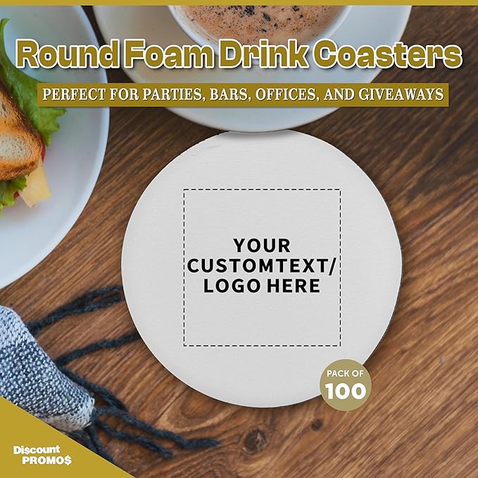 100 Round Foam Bud Coasters Pack, 4 inch - Customizable Text, Logo - PU Foam, Party Favor - White
