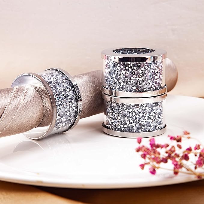 SHYFOY Silver Diamond Napkin Ring Glass Framed, Crystal Dinning Cloth Rings Set of 4 Piece, Glam Serviette Buckle Cloth Holder Sparkle Bling Crushed Diamond Table Decor Accessories