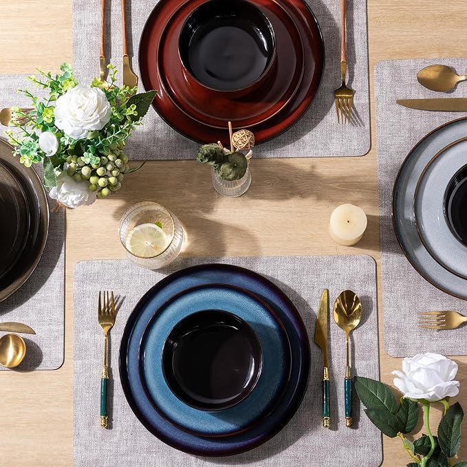 LeRatio Ceramic Dinnerware Sets for 6,Porcelain Plates and Bowls Sets,Handmade Reactive Glaze Dishes Set,Chip Resistant and Scratch Resistant | Oven&Dishwasher & Microwave Safe)-Colorflu(18PCS)