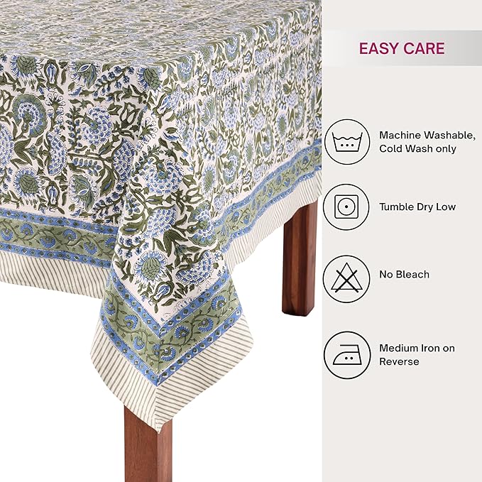 ATOSII Clover Blue 100% Cotton Rectangle Fall Tablecloth, Handblock Floral Linen Table Cloth for Kitchen Dining Table I Parties Christmas Thanksgiving I Fall Home Decor 60 X 90 Inches I 6 Seater