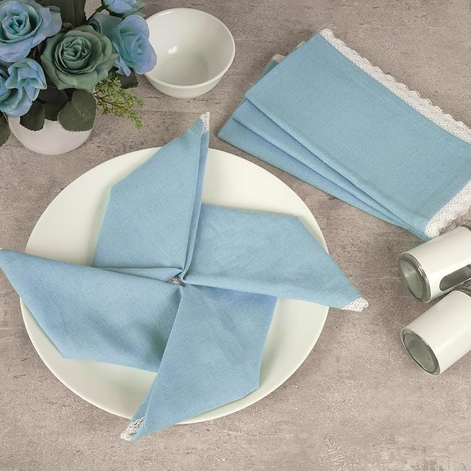 Fingercraft Dinner Cloth Napkin Cotton Linen Blend 12 Pack Mitered Corners with Elegant Lace for Everyday Use Napkins are Pre Shrunk and Good Absorbency Sky Blue, 20in x 20in (Set of 12)
