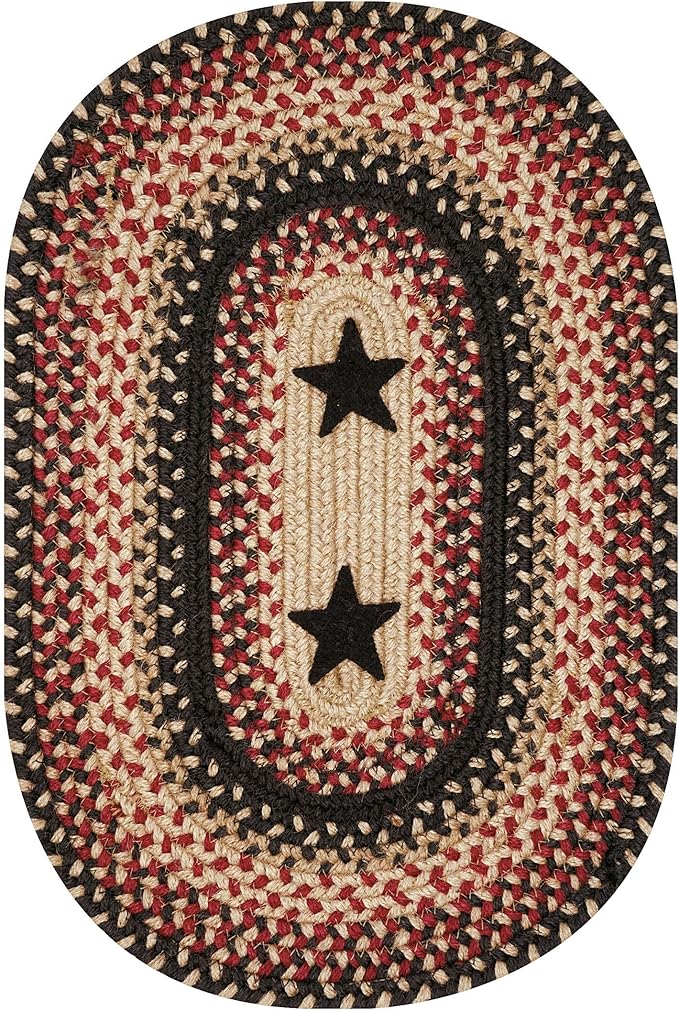 Homespice Primitive Star Gloucester Jute Braided Oval Placemats, Warm Primitive Decor, Set of 6, 13x19 Black and Red Table Mats - Vibrant Colors, Durable, Easy to Clean and Protects Furniture