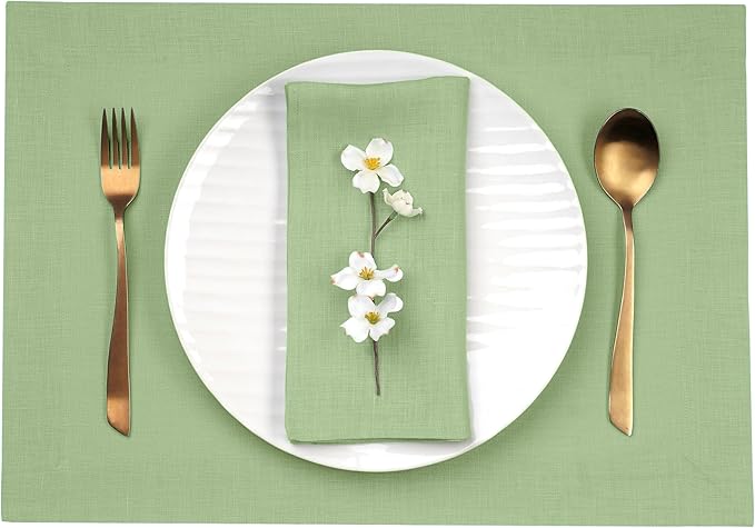 D'Moksha Homes Linen Placemats 14 x 19 Inch - Sage Green Placemats Set of 6-100% Pure Linen Table Place Mats for Spring, St Patricks Day, Easter - Handcrafted and Machine Washable