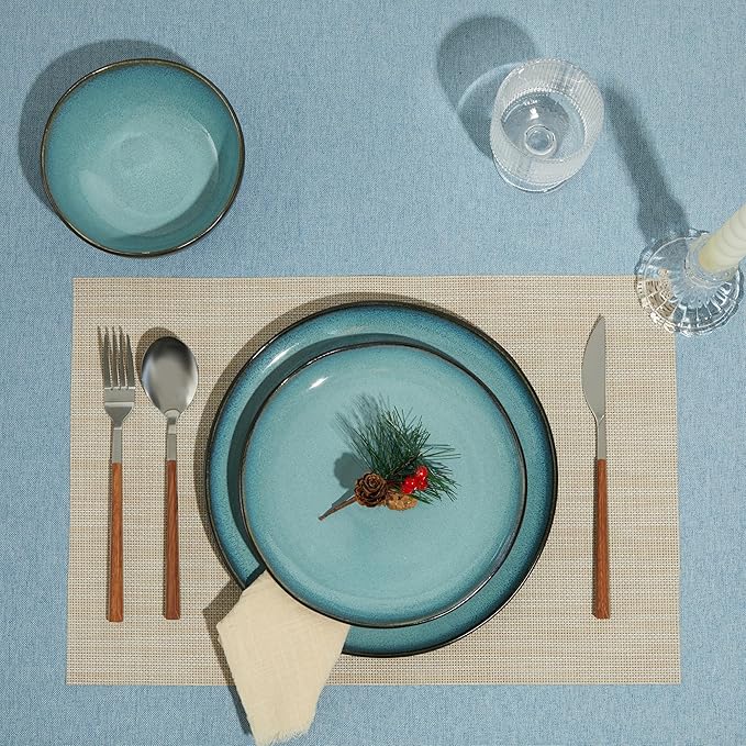 18 Piece Dinnerware Sets for 6, Green Black Reactive Glaze Stoneware | Irregular Artisan Style for Family Dinners, Weekend Gatherings | Scratch‑Resistant, Microwave & Dishwasher Safe
