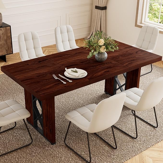 7-Piece Dining Table Set for 6 People, 70.8" MDF Kitchen Table with 6 Upholstered Chairs, Space-Saving for Dining Room, Breakfast Nook(Walnut Table+6 White Chairs