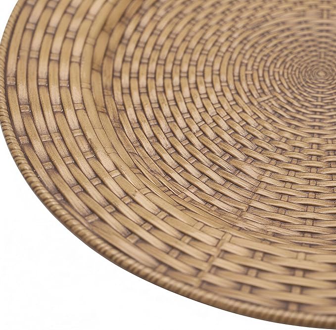 13 Inch Antique Gold Charger Plates Set of 6 Round Plastic Plates Matte Finish Faux Rattan Woven Texture Charger plates for Wedding Party Christmas (262)