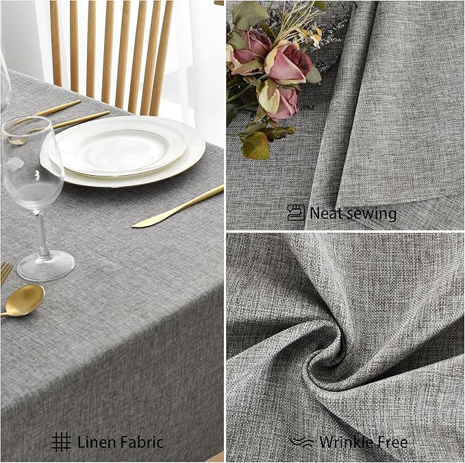 JIUZHEN Rectangle Table Cloth Faux Linen Farmhouse Tablecloth Wrinkle and Stain Resistant Decorative Fabric Table Cover for Kitchen, Dining Room, Parties and Camping, Grey, 60 x 84 Inch