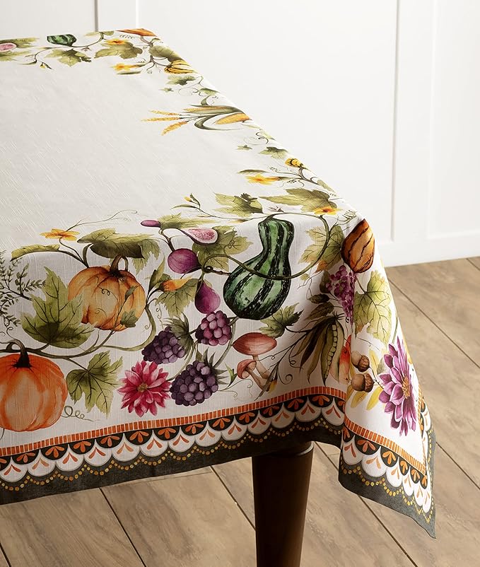Maison d' Hermine Table Cloth Rectangle Table 100% Cotton 70 x 108 Inches Fall Tablecloth Reusable Everyday Use for Thanksgiving Christmas Decorations Dining Farmhouse (Pumpkin Garden - Cloudy Cream)