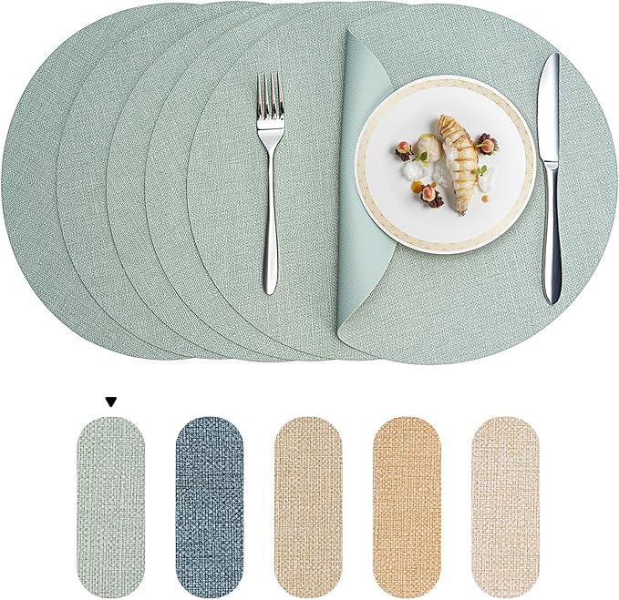 Round Wipeable Placemats Set of 2 – Faux Leather Round Table Mats, Waterproof & Washable Vinyl Placemats, Circle Design for Dining Table Decor– Sage Green