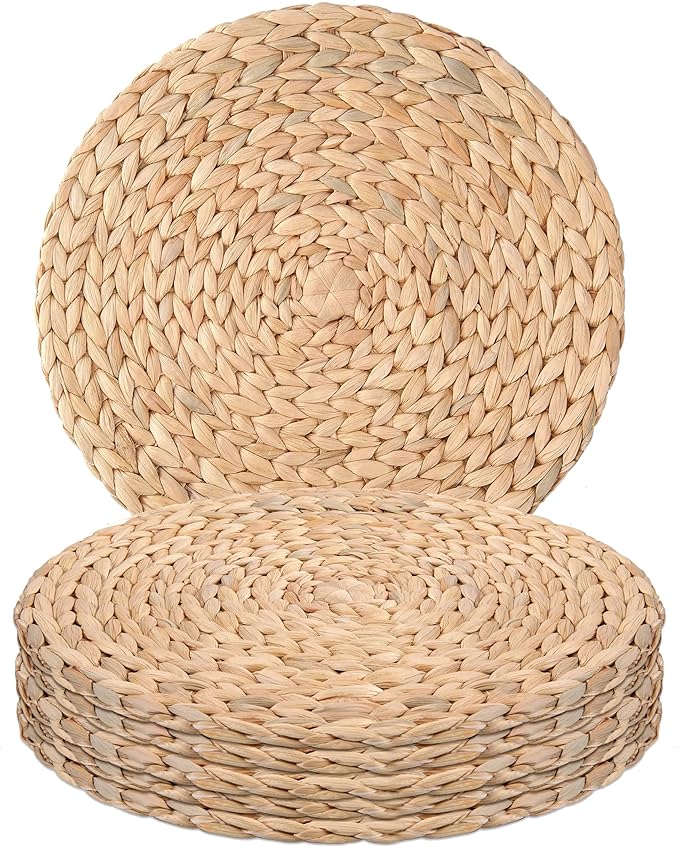 13.5" Water Hyacinth Woven Round Placemats Set of 6 - Wicker Boho Farmhouse Placemats - Rattan Table Mats for Dining Table, Wedding, Home