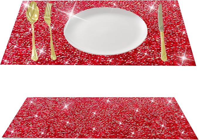 Red Sparkly Rhinestone Decor Square Placemats - Heat Resistant Mat Set of 2