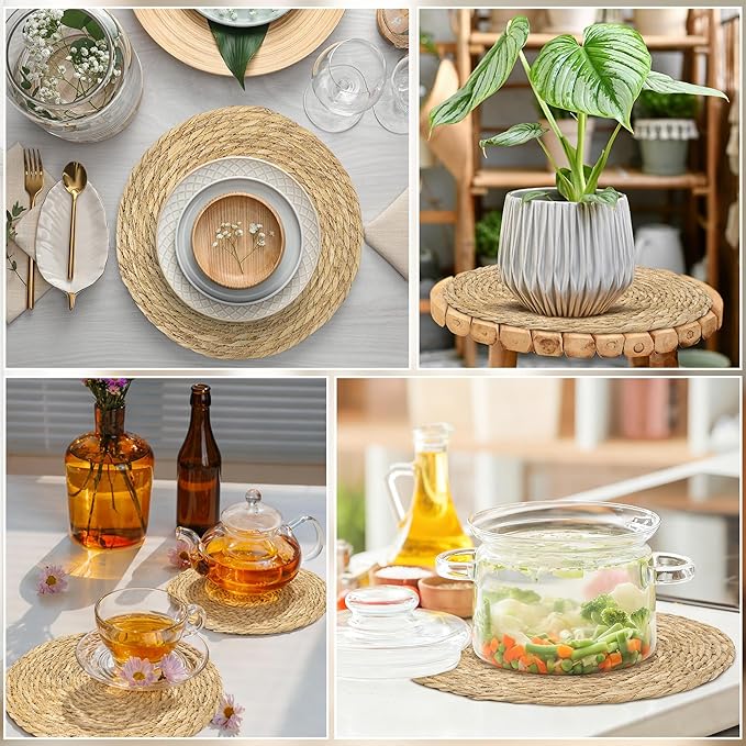 Elcoho 4 Pieces Round Woven Placemats 12 Inch Boho Rattan Placemats Farmhouse Braided Place Mats Woven Plate Chargers Rustic Wicker Table Mats for Dining Table
