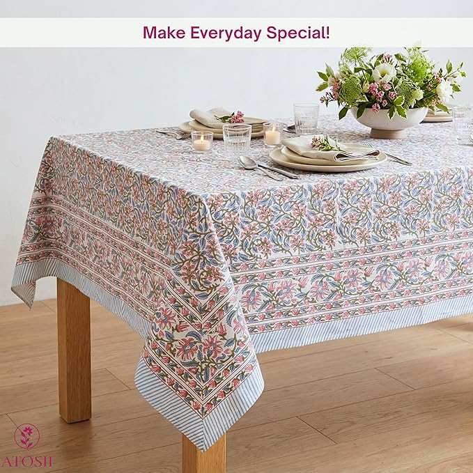 ATOSII Kalina 100% Cotton Square Tablecloth, Handblock Floral Print Linen Table Cloth for Kitchen I Dining Table I Tabletop I Parties I Wedding I Spring/Summer (60 X 60 Inches)