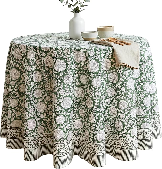 ATOSII Shalimar Green 100% Cotton Round Boho Fall Tablecloth, Handblock Floral Table Cloth Linen for Kitchen Dining I Parties Wedding Outdoors Christmas Thanksgiving I Fall Home Decor 72" Inches Round