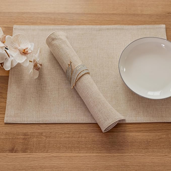 Demetex Linen Placemats Set of 8 Modern Beige Place Mats Heat Resistant Washable Table Placemat for Dining Room Restaurant Indoor, 13x19 inch, Light Linen