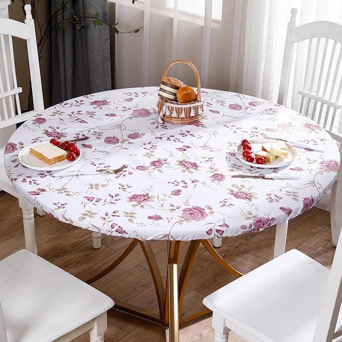 Walrus Round Vinyl Fitted Tablecloth with Flannel Backing Elastic Edge Design Table Cover Waterproof Oil-Proof PVC Table Cloth Stain-Resistant Best for 45"-56" Round