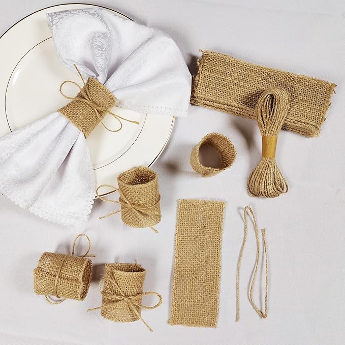 Natural Burlap Napkin Rings Set of 200 pcs with Jute Rope,Disposable Napkin Bands Bulk,Rustic Serviette Ring for Tables,Decorations,Wedding,Dinner,Country Party Decor