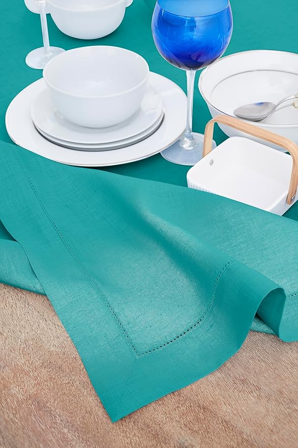 Solino Home Linen Tablecloth 60 x 90 Inch - Classic Hemstitch 100% Pure Linen Teal Table Cloth for Rectangle Tables - Machine Washable Tablecloth