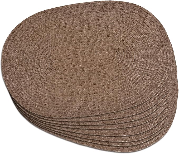 Noctiflorous Oval Braided Placemats Set of 8 Woven 12x18 Inch Non Slip Washable Heat Resistant Place Mats Round Tablemats for Dining Kitchen Party Daily Table Decor Dinner Mats (Solid Brown, 8)