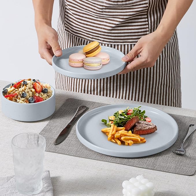 E-far 16-Piece Plates and Bowls Sets - Stoneware Dinnerware Sets with Pasta Bowls for 4 | Microwave & Dishwasher Safe Kitchen Modern Dish Set, Speckled Gray