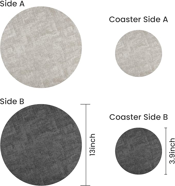 13-Inch Faux Leather Round Placemats Set of 8, Waterproof Anti-Slip Dual Sided Place mats, Heat Resistant Washable Table Mats with Coaster, Suitable for Indoor & Outdoor (8, Black Light Gray)