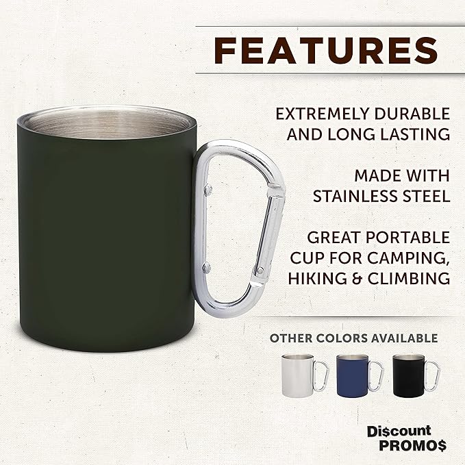 DISCOUNT PROMOS Stainless Steel Mugs with Carabiner Handle 10 oz. Set of 10, Bulk Pack - Perfect for Coffee, Soda, Other Hot & Cold Beverages - Army Green