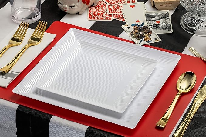 Exquisite Disposable-White-Plastic-Plates-Square Linear (40 Pack) Wedding Dinner Fancy Tableware Dishes (10.25 Inch., White) Single Size Set