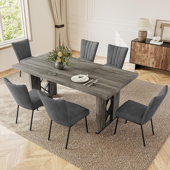 7-Piece Dining Table Set for 6 People, 70.8" MDF Kitchen Table with 6 Velvet Chairs, Space-Saving for Dining Room, Breakfast Nook(Grey Table+6 Grey Chairs)