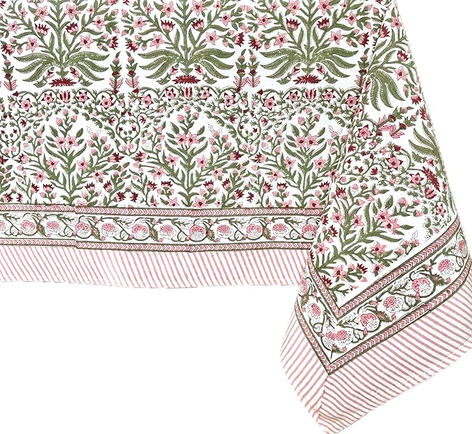 ATOSII Nargis Pink 100% Cotton Rectangle Spring Tablecloth, Handblock Floral Print Linen Table Cloth for Kitchen Dining I Parties, Outdoors, Weddings, Summer I 72 X 108 Inches I 8 Seater