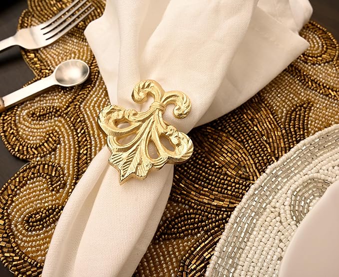 Premium Metal Napkin Rings Set of 12 - Fleur-de-Lis Napkin Holders for Dining Table, Weddings, and Special Events - Elegant Table Décor for Home & Restaurants (Gold) - CLEENTABLE
