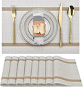 SLKQG Beige White Placemats Set of 8 - Easy Clean Modern Durable Washable Vinyl Place Mats - Heat Resistant Placemats for Kitchen Table - PVC Table Mats for Dining Table (Beige White with Stripes, 8)