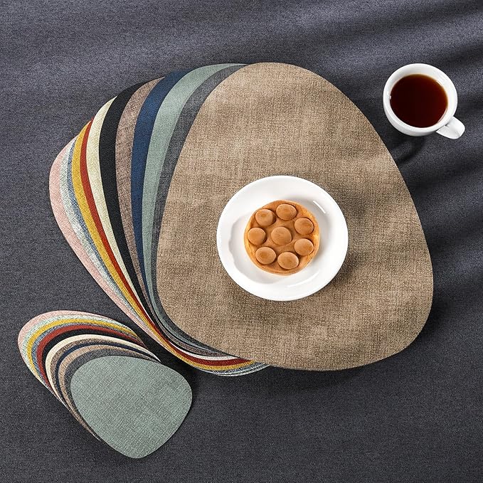 Placemats and Coasters, Washable Reversible Placemats Round Faux Leather Wipeable Place Mats Non Slip Heat Resistant Indoor Outdoor Table Mats (Set of 6, Gray Light Blue)