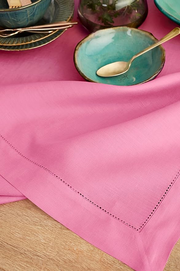 Solino Home Linen Tablecloth for Rectangle Tables 60 x 120 Inch - Classic Hemstitch 100% Pure Linen Flamingo Pink Table Cloth - Machine Washable Cloth Tablecloth for Valentines, Spring, Easter