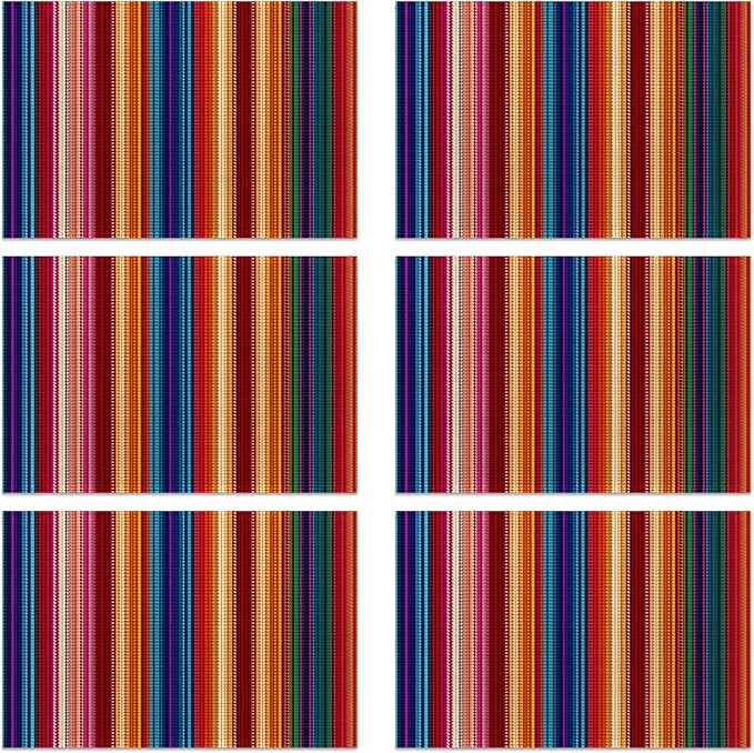 Mexican Placemats Set of 6, Waterproof Linen Fabric, Non-Slip Backing & Easy Clean, Elegant Dining Table Protectors for Family and Guests(Mexican Ethnic Colorful Stripes)