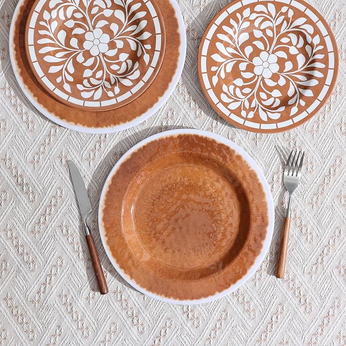 Melamine Plates and Bowls Set, 12-Piece Melamine Dinnerware Set, Dinner Serving Dishes Set for 4, Unbreakable, Brown-Yellow