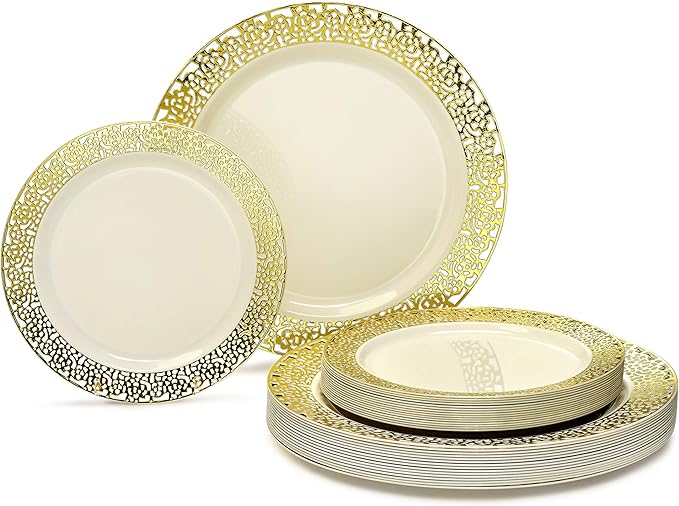 OCCASIONS 240 Plates Pack,(120 Guests) Heavyweight Premium Wedding Party Disposable Plastic Plates Set -120 x 10.25'' Dinner + 120 x 7.5'' Salad/Dessert (Florence Ivory/Gold)