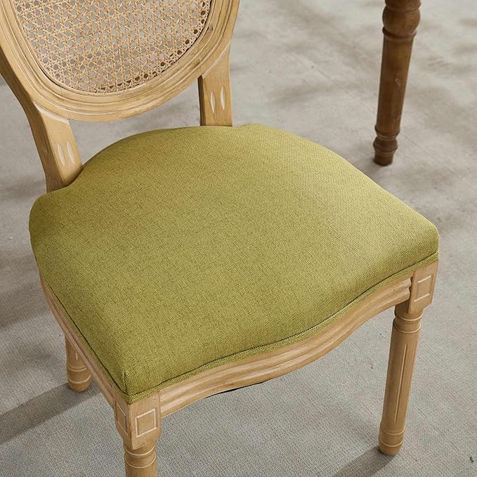 SoarFlash French Dining Chairs Set of 2, Vantage Dining Chair with Round Back, Wood Leg Farmhouse Country Rattan Dining Chair for Kitchen,Bedroom,Olive Green