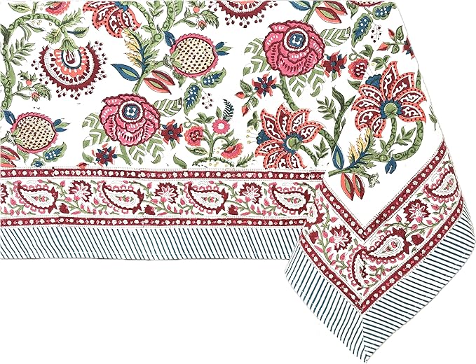 ATOSII Ruby 100% Cotton Square Summer Tablecloth, Block Print Floral Table Cloth for Dining Table, Parties, Weddings, Outdoors Grand Millenial Decor I 60 X 60 Inches I 4 Seater I