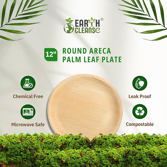 Compostable Palm Leaf Plates 12 Inch Round (50 Pack) | Disposable Biodegradable Plates Like Bamboo & Wooden | Microwave & Oven Safe | Eco-Friendly Dinnerware for Parties & Events