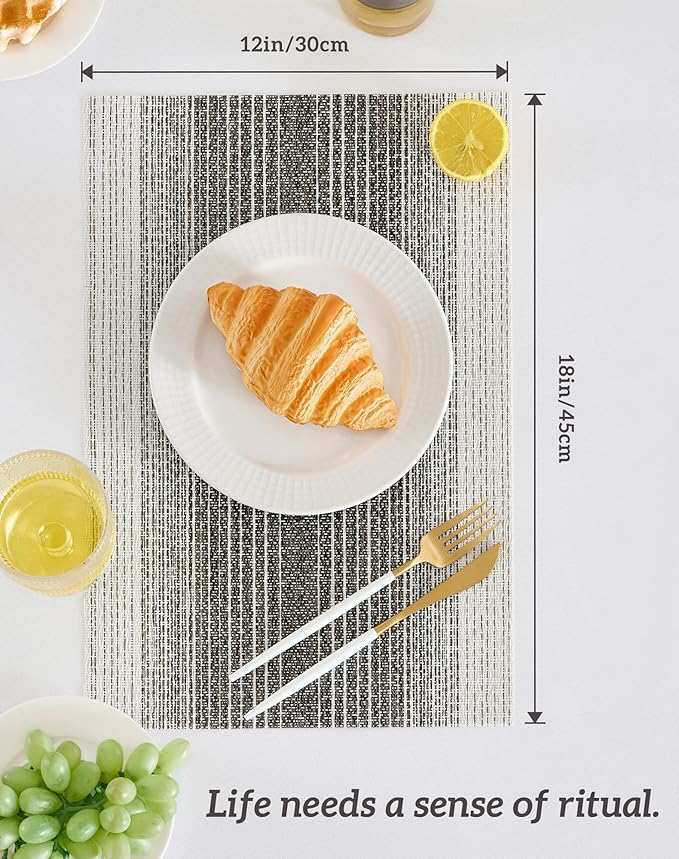 Leetaltree Black with White Woven Placemats Set of 12 - Heat Resistant Non-Slip Place mats for Dining Table, Washable Durable PVC Vinyl Woven Table Mats(Black with White, 12)